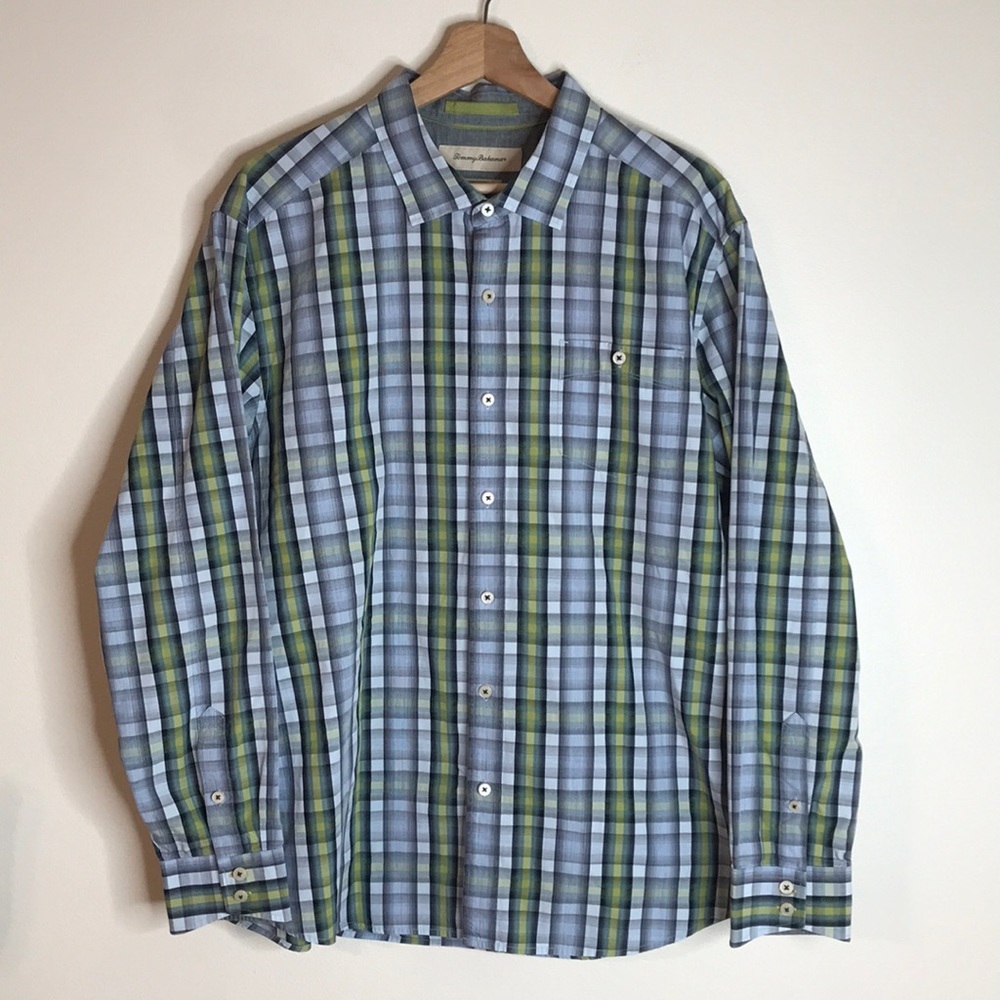 Tommy Bahama Men's Island Modern Fit Plaid Button Down Shirt Blue Green XL
